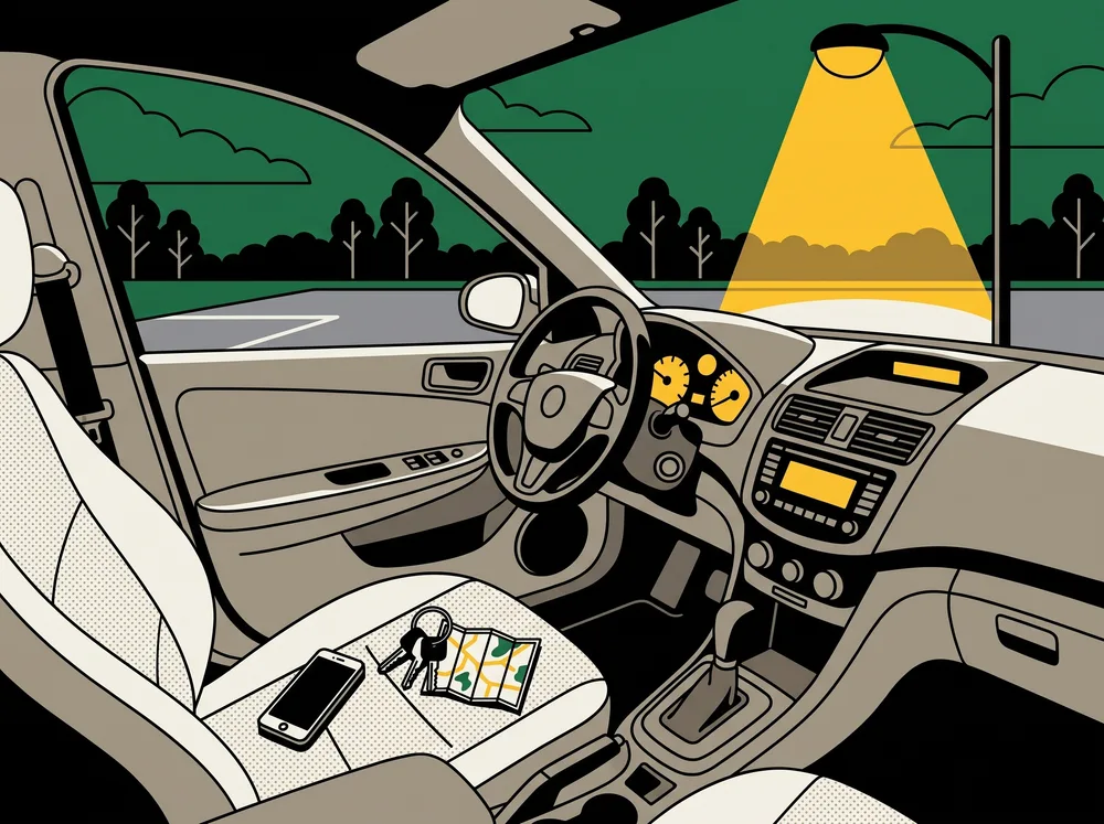 Flat poster illustration of a phone, car keys and a map on a car seat at night