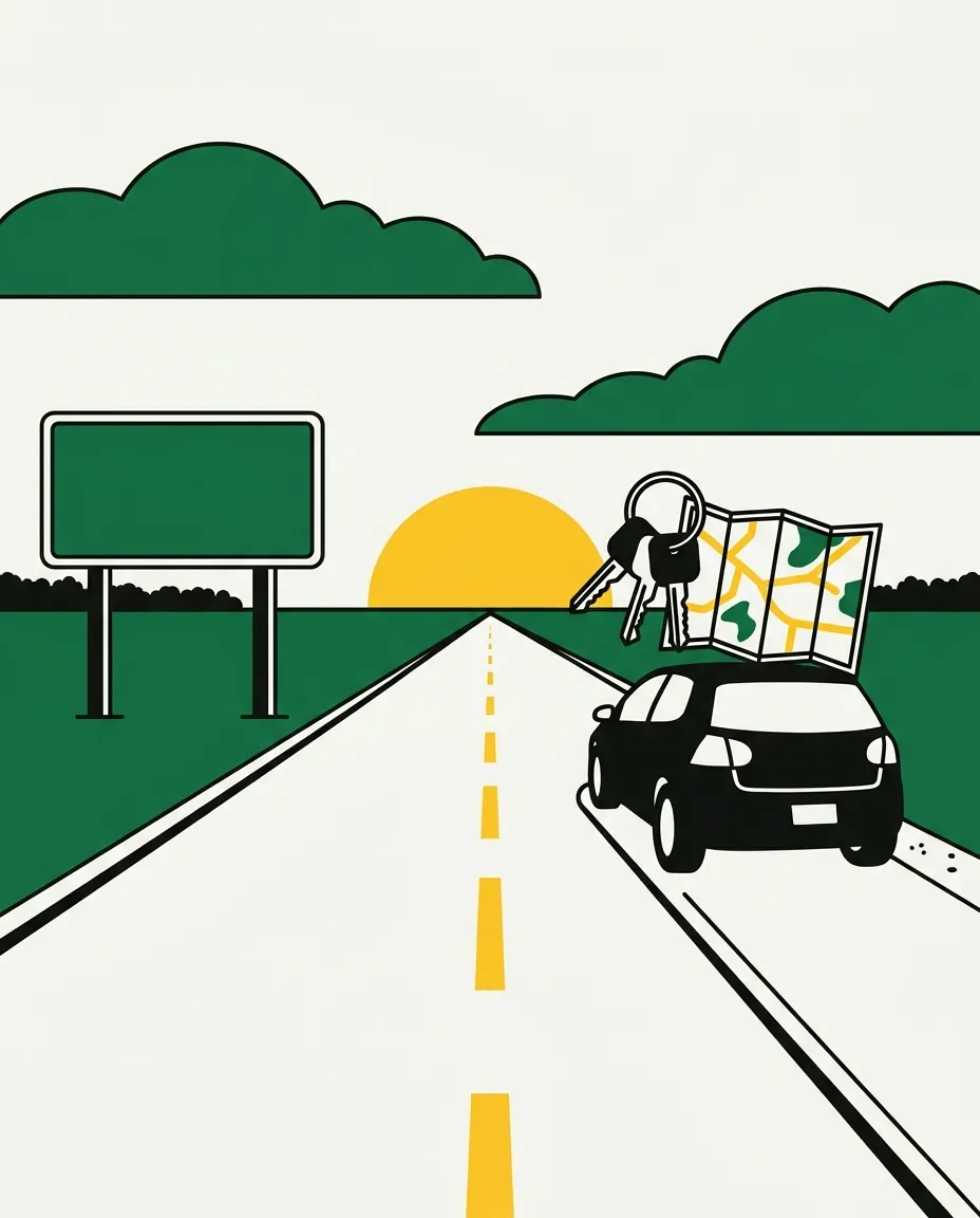 Flat poster illustration of a car parked on the shoulder of a straight prairie highway, with keys and a folded map on it