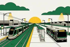 Illustration de style affiche, en aplats, d'un tramway à plancher surbaissé et d'un autobus urbain qui attendent à un centre de transport en commun de banlieue, en début de soirée
