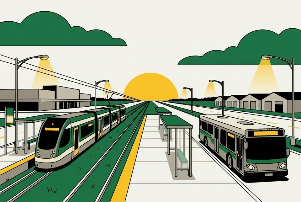 Illustration de style affiche, en aplats, d'un tramway à plancher surbaissé et d'un autobus urbain qui attendent à un centre de transport en commun de banlieue, en début de soirée