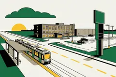 Illustration de style affiche, en aplats, d'un train léger à une station au niveau de la rue, avec un hôtel bas et un grand stationnement de l'autre côté de l'avenue