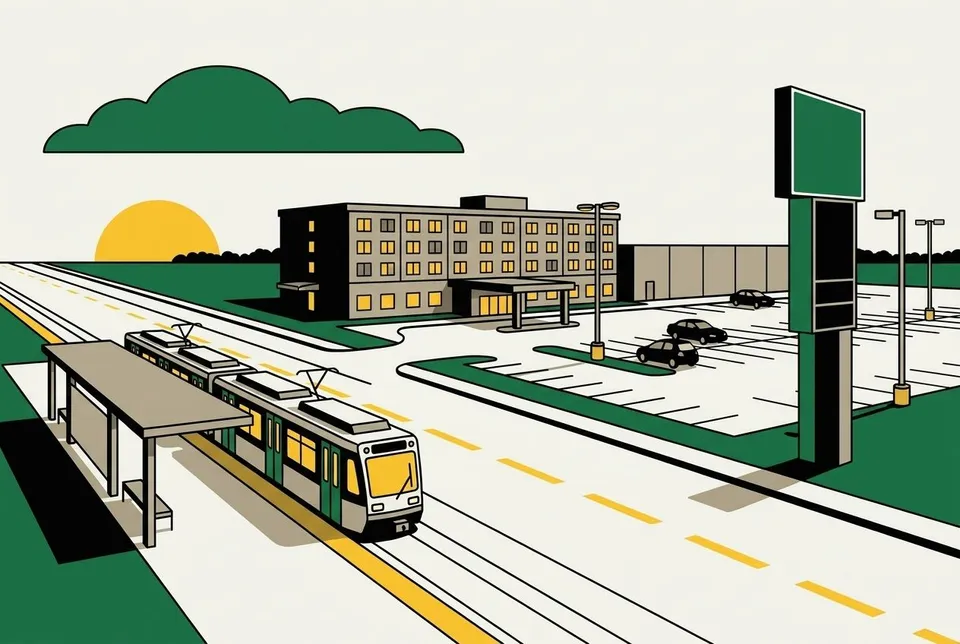 Illustration de style affiche, en aplats, d'un train léger à une station au niveau de la rue, avec un hôtel bas et un grand stationnement de l'autre côté de l'avenue