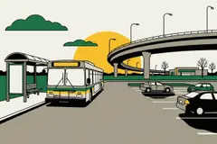 Illustration de style affiche, en aplats, d'un autobus urbain à un abribus près d'un stationnement incitatif et d'un viaduc de la route périphérique, au coucher du soleil