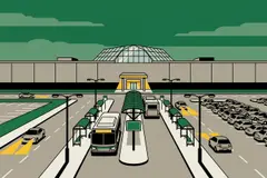 Illustration de style affiche aux aplats de couleur : le long mur d'un centre commercial avec sa propre porte d'entrée éclairée, et un centre de transport en commun avec deux autobus sur l'avenue devant