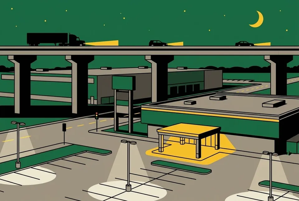 Illustration de style affiche à plat d'une autoroute surélevée la nuit, au-dessus d'un stationnement tranquille et d'un bâtiment bas dont l'entrée est éclairée par une marquise